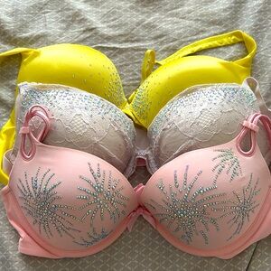 Used Lot of 3 Victoria’s Secret Heavily Embellished Crystal Bras size 36C